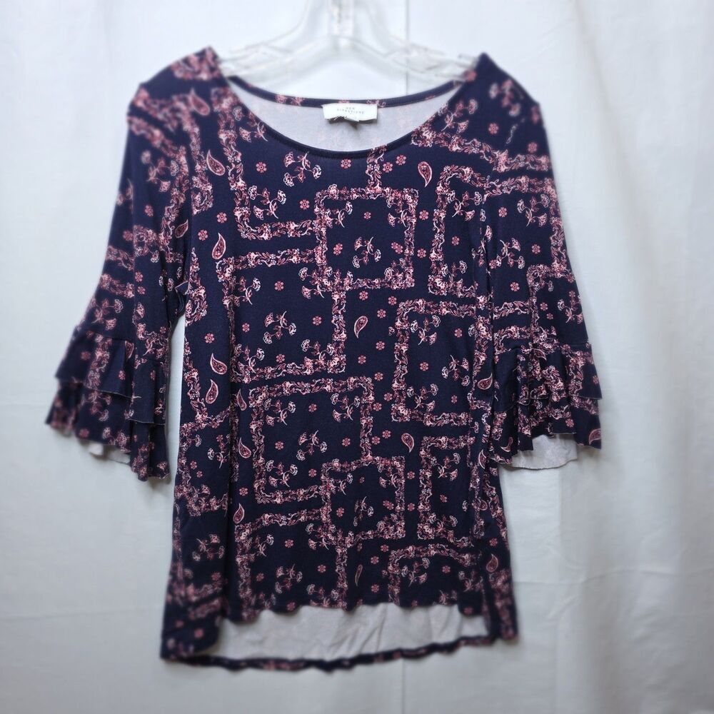 New Directions Blouse Womens M Double Layer Bell Sleeve Top Boho Paisley Bandana